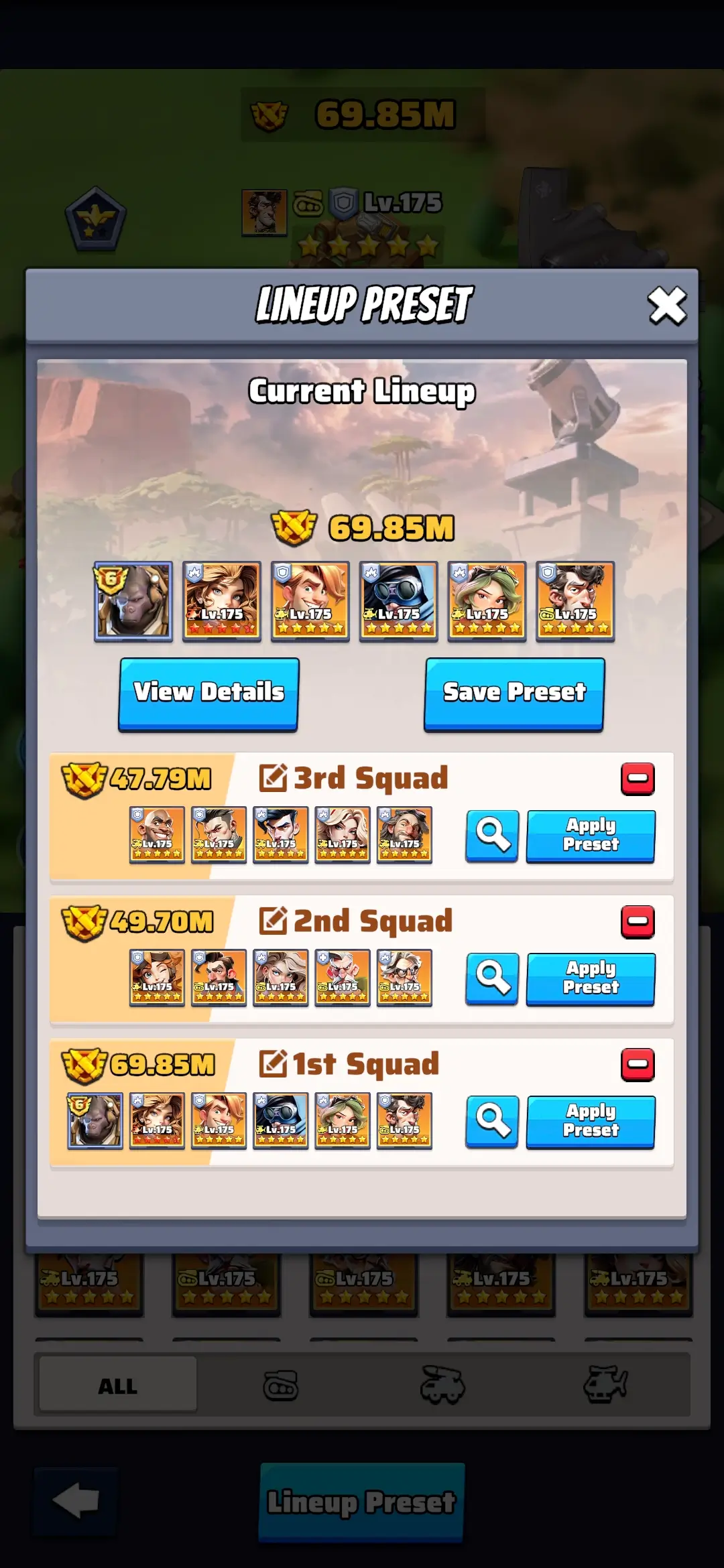 Actual Lineup Preset screen showing Current Lineup, Save Preset, View Details and Apply Preset buttons